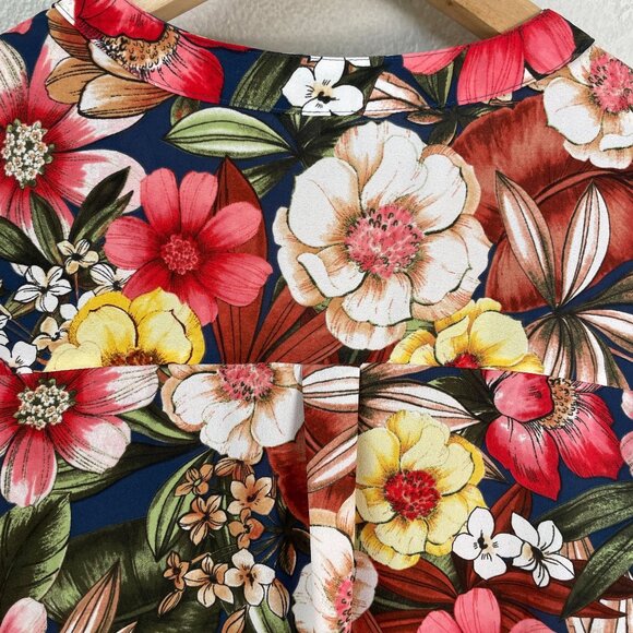 Express Womens Large Floral V Neck Blouse Roll Tab Sleeve Collarless Shirt - Picture 8 of 8